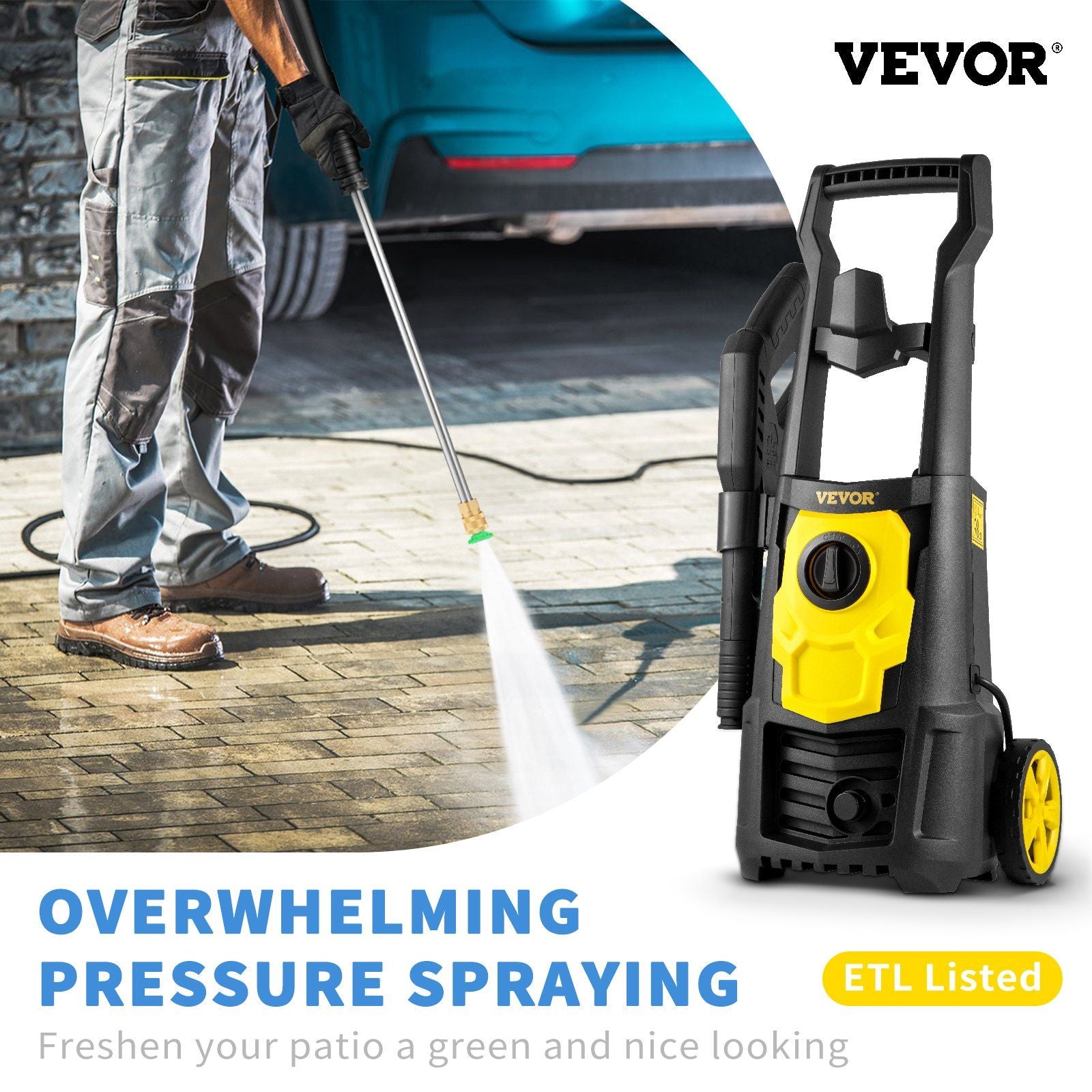 High-Pressure Electric Washer in use, demonstrating overwhelming pressure spraying for cleaning patios and vehicles.