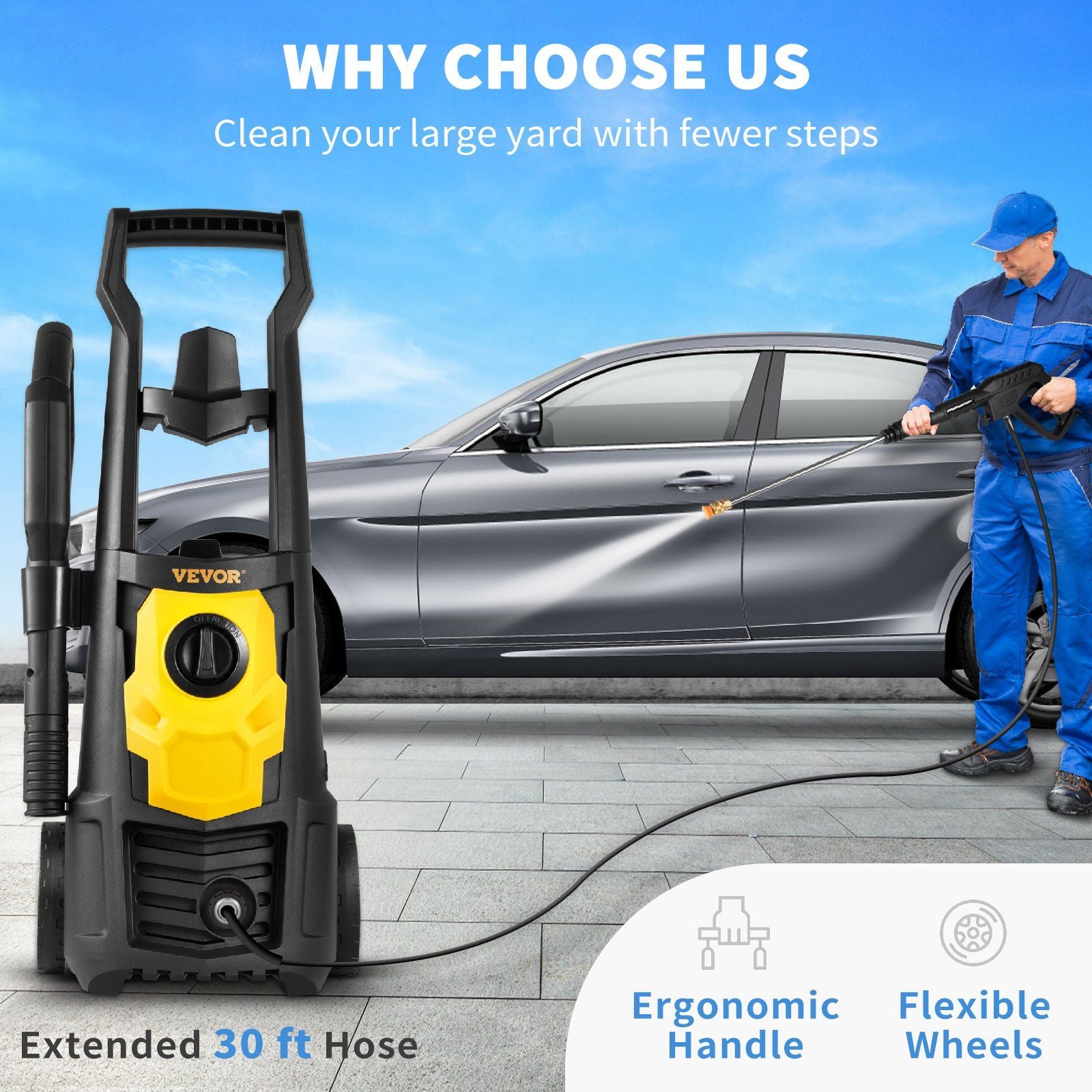 High-Pressure Electric Washer 2000 PSI with extended 30 ft hose, ergonomic handle, and flexible wheels.